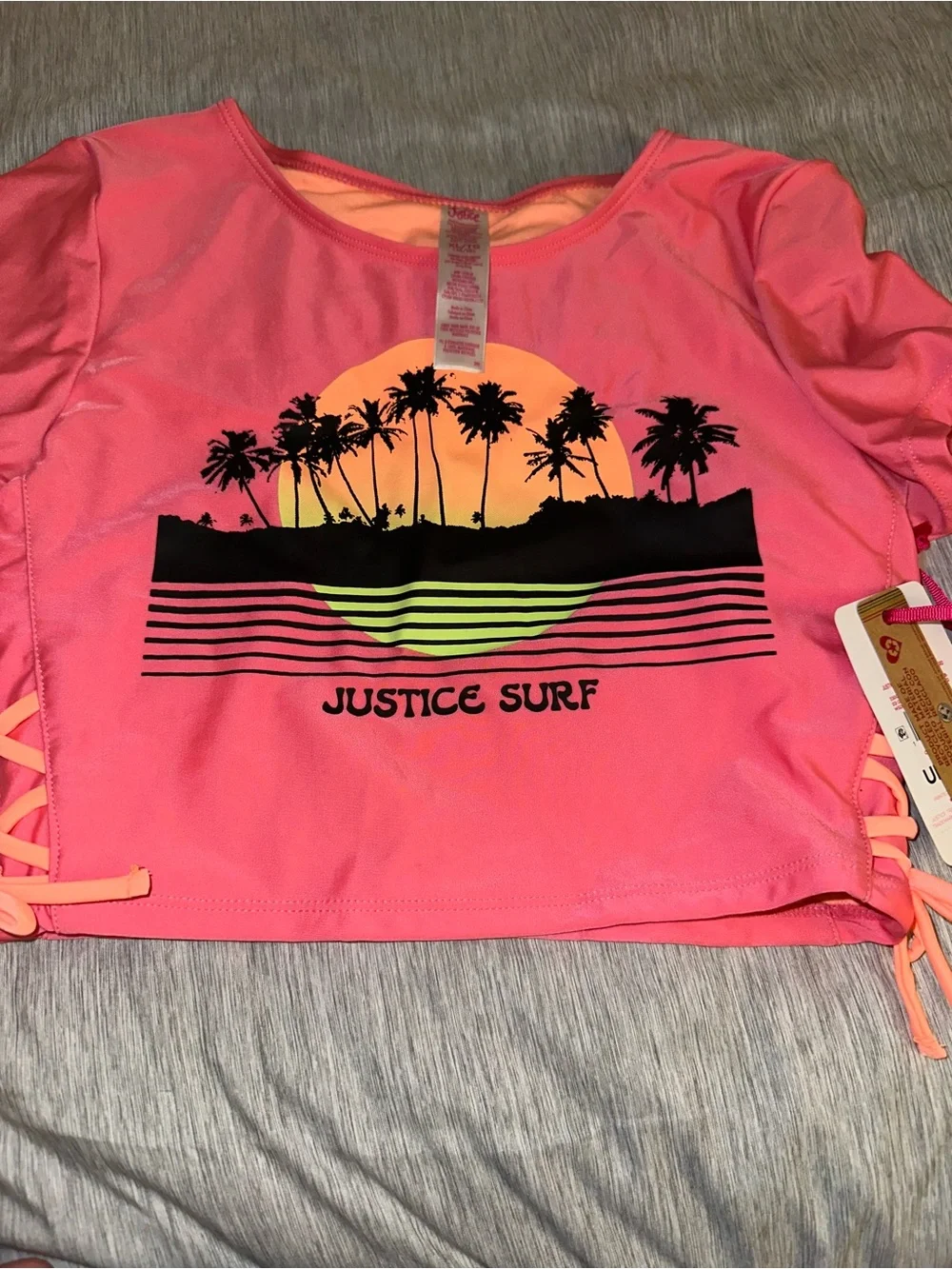 Justice Pink and Peach Palm Tree Sunset Kids Swim Top